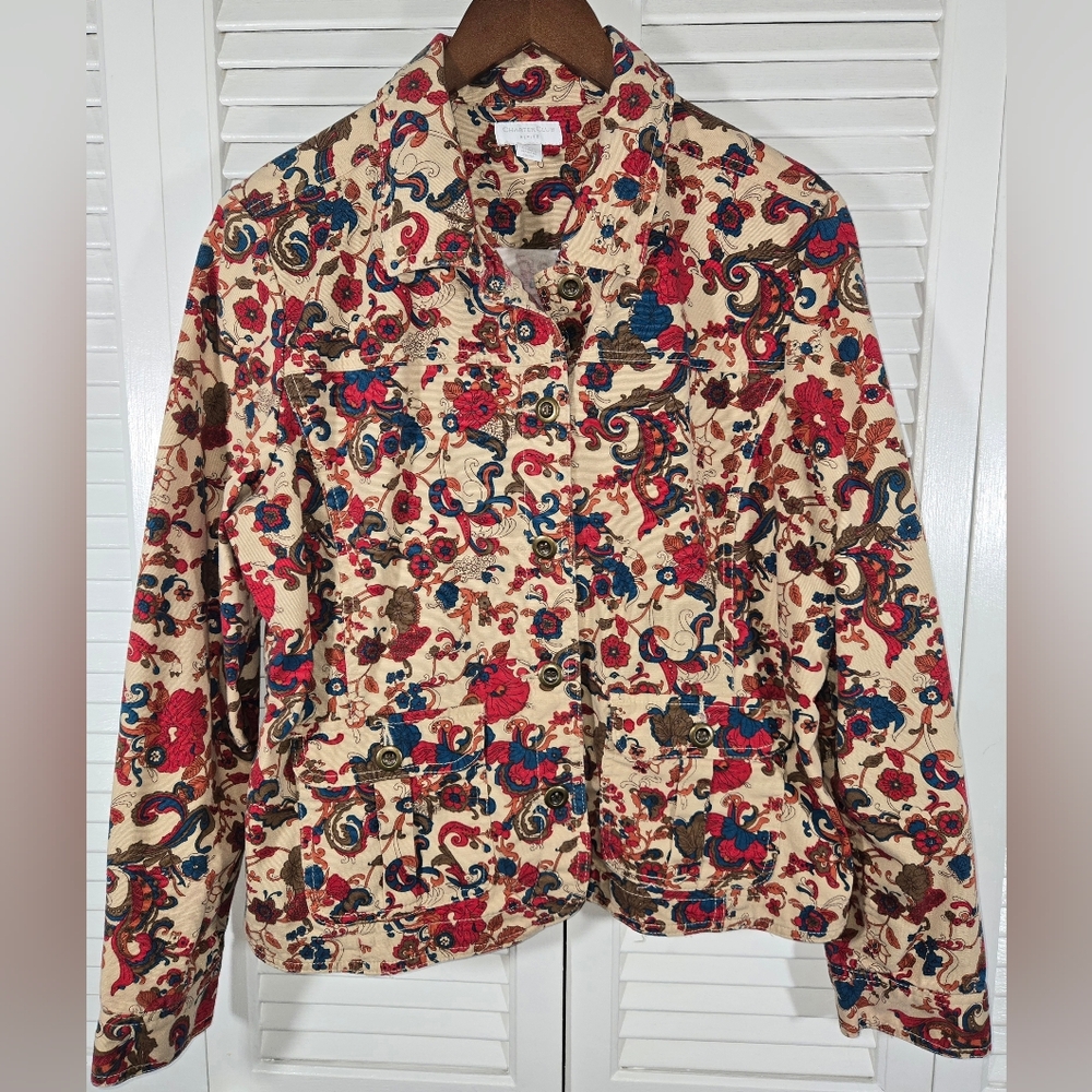Charter Club Vintage Paisley Denim Button Up Cream Multi Color Jacket Sz L P